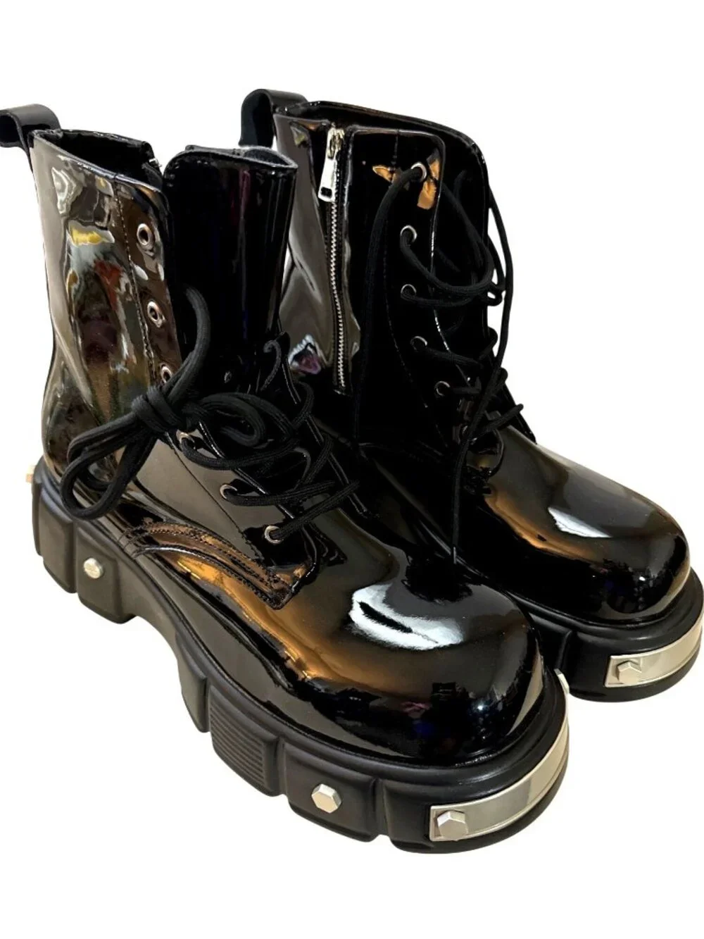 Black Platform Combat Boots Men 12 Goth Chunky Punk Metal Hardware Lace-Up Zip